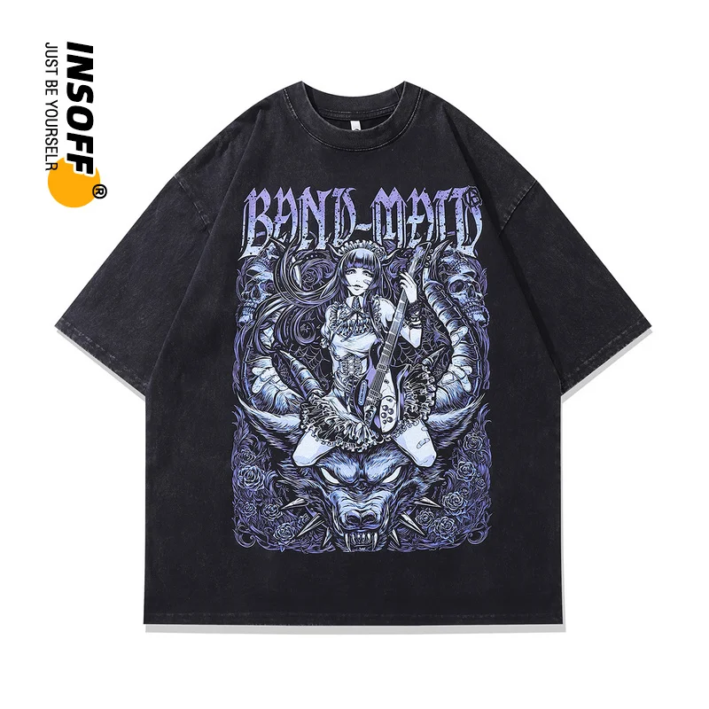 

Original Designer Japanese Band Maid Cartoon Printed 100% Cotton Washed Oversized Y2k Harajuku Streetwear Men’s Women T-shirt