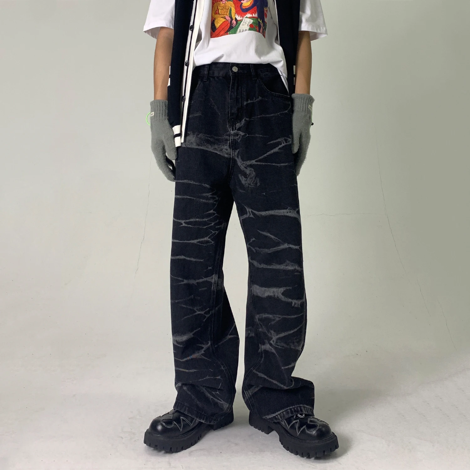 Fashion Pattern Print Men's Wide Leg Jeans Korean Trend Tie Dye Women's Thin Casual Trousers Streetwear Men  Vintage Jeans Men