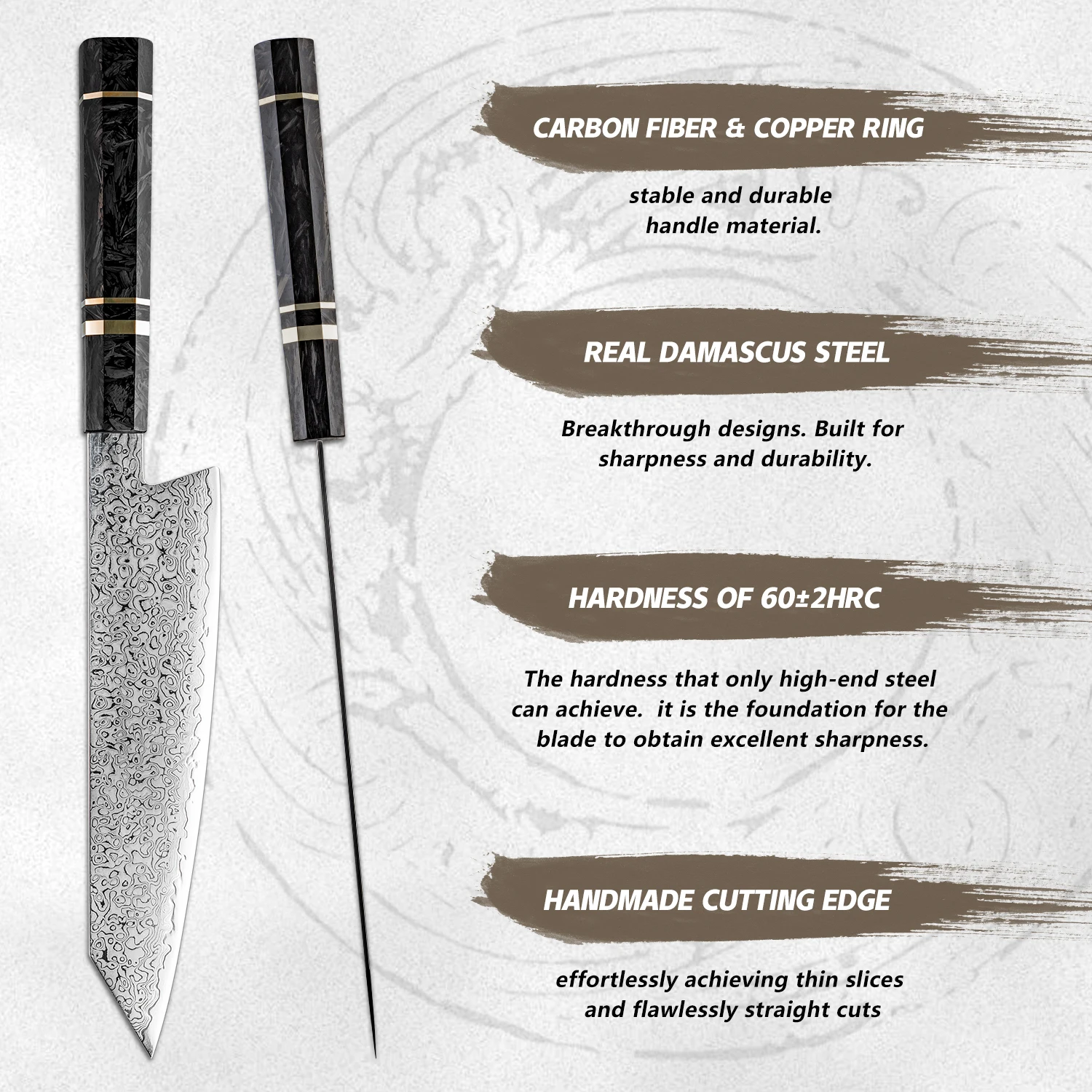 Нож Grandsharp Кирицуке, 67-слойная дамасская сталь, 10Cr15MoV, лезвие с углеродным волокном и медной кольцевой ручкой, нож шеф-повара (art.: 3920d0fb0909c) - 3920d0fb0909c
