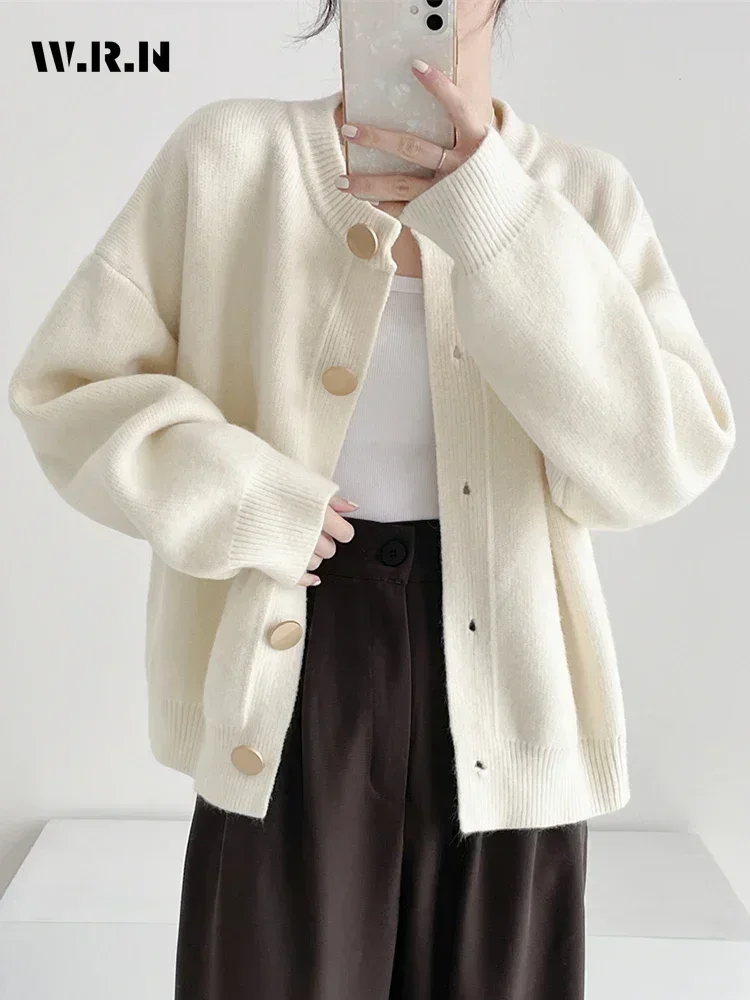 Женские повседневные вязаные кардиганы с круглым вырезом и длинными рукавами