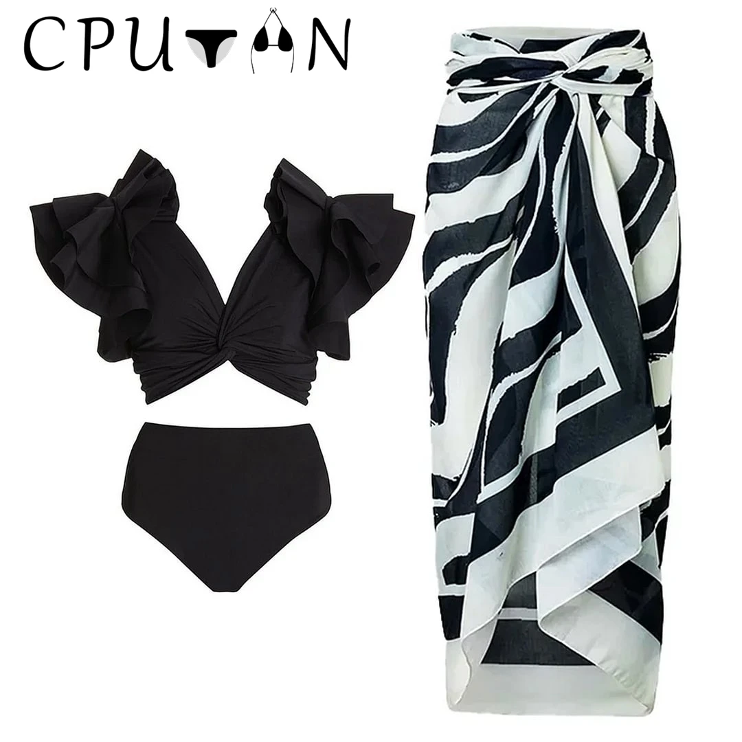 

CPUTAN 2023 Sexy Vintage High Waist 3D Flower Ruffle Bikini Set Swimwear Skirt Women Print Swimsuit Beachwear Bathing Suit Dress