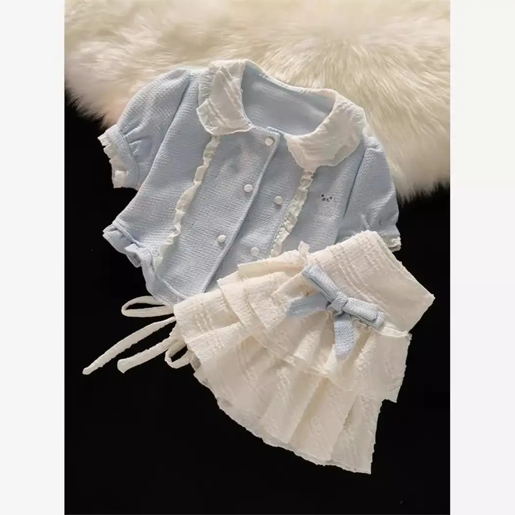 Милый топ с воротником Питера Пэна молочно-синего цвета короткими рукавами +