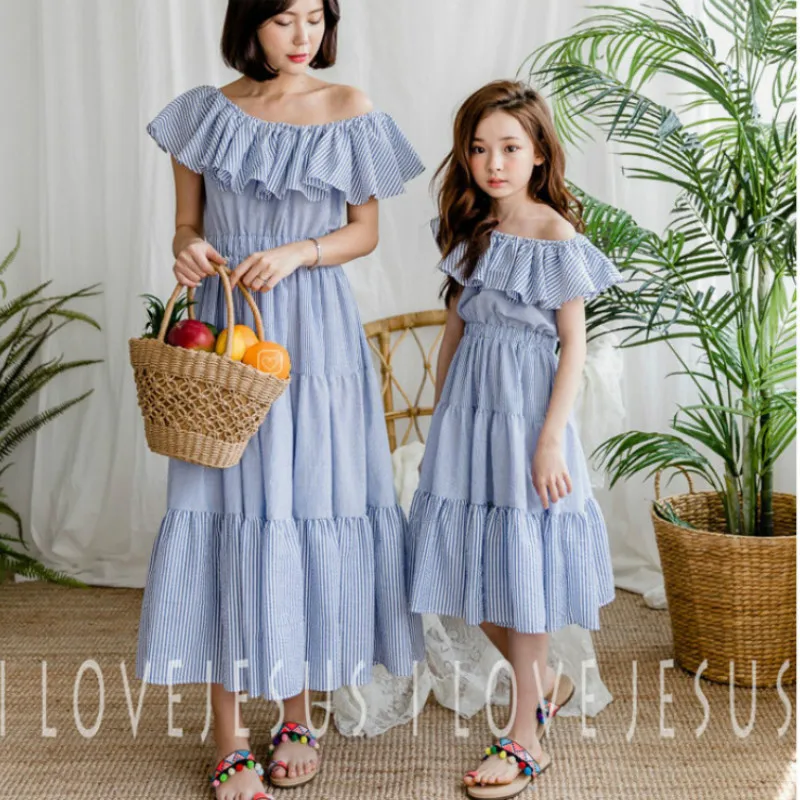 

Fashion 2022 Summer Stripe Girls Dresses Kids Pure Cotton Beach Dresses for Girls Elegant Baby Girls Off-shoulder Dresses A458