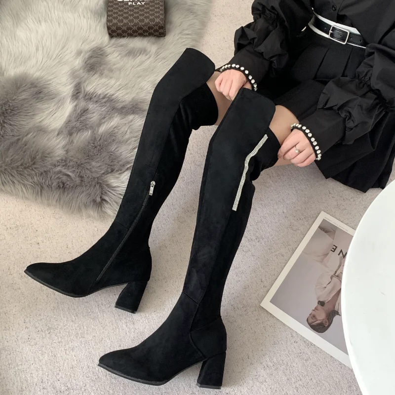 

Женские сапоги выше колена на массивном каблуке, новинка 2022, зимняя женская обувь, замшевые дизайнерские мотоциклетные сапоги Челси для женщин