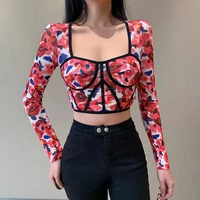 floral print square neck short top ladies spring clothes personalized slim show chest short long sleeve t shirt clothes women