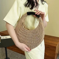 woman straw bag with round handle 2022 summer travel woven totes handmade shopper handbag rattan shoulder bag beach purses