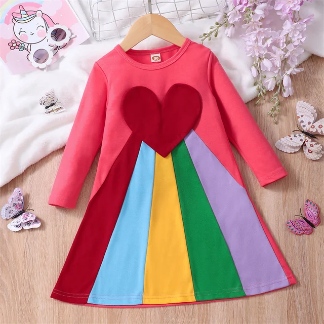 SAILEROAD 2022 Autumn Children's Clothing Heart Rainbow Dresses Long Sleeve Outfit Baby Girls Princess Dress Cotton Kids Clothes 1