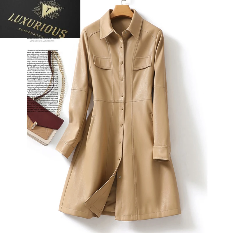 

M-4XL Midi-length Real Leather Trench Coat Women Casual Sheepskin Long Sleeve Covered Button Ladies Outwear