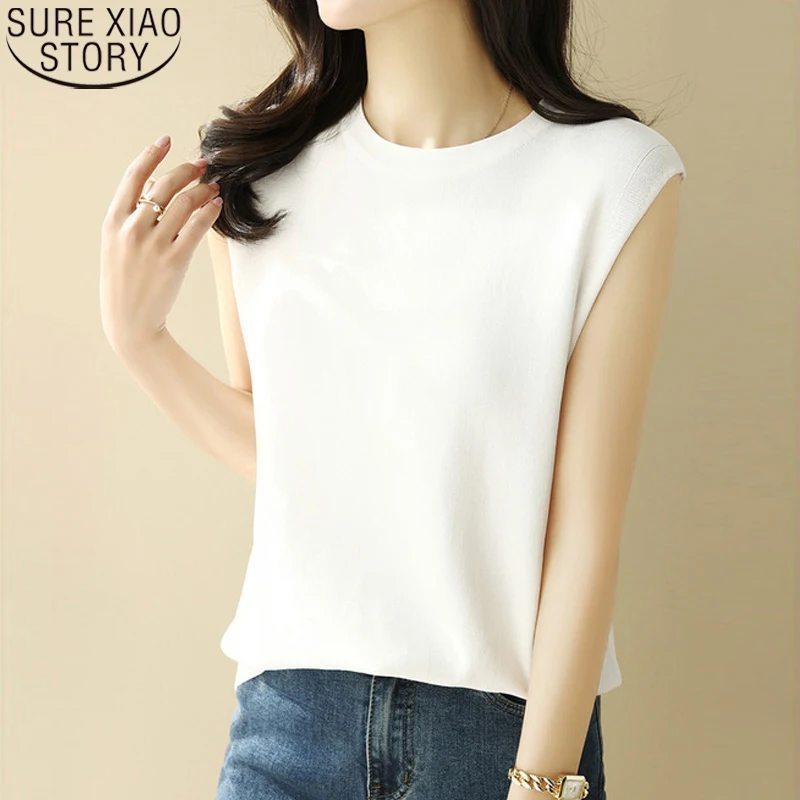 

Летняя вязаная футболка, женская футболка, женская футболка без рукавов, базовые женские футболки, эластичные блузы, женские футболки, топы ...