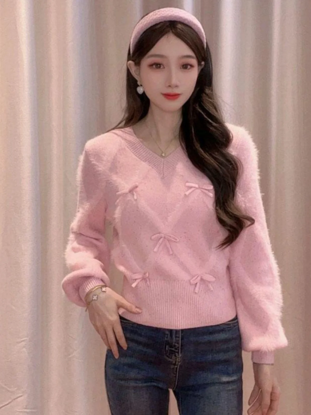 Корейский модный вязаный свитер с милым бантом женская одежда осенне-зимний