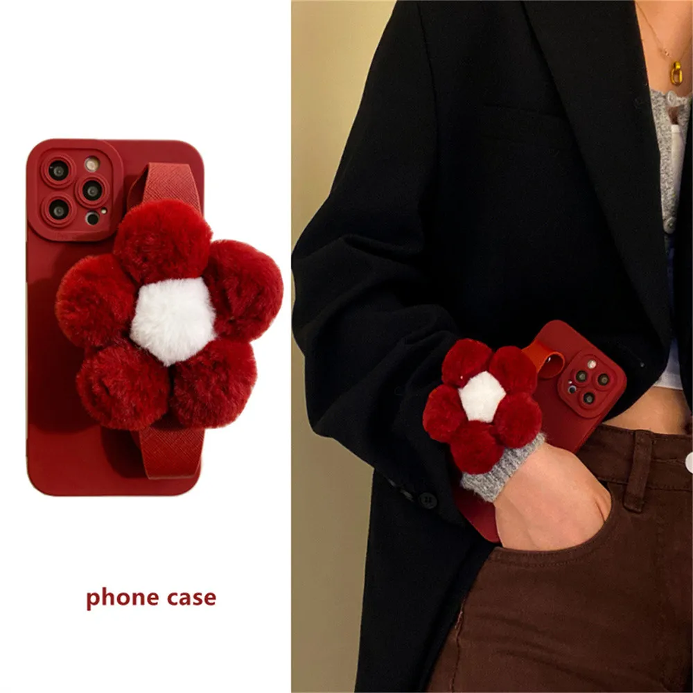 

Wine red plush flower protective case Apple 14 iphone13/12/11 new fashion cute wrist with mobile phone case Student woman gift