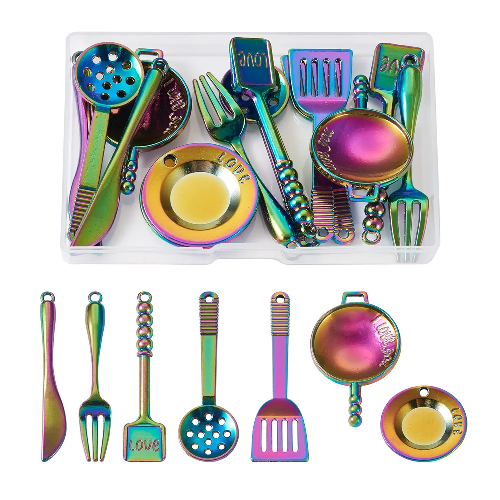 

14Pcs Mixed Styles Tableware Charms Rainbow Color Alloy Pendants Smooth Dangle Jewelry Findings for DIY Earring Necklace Making