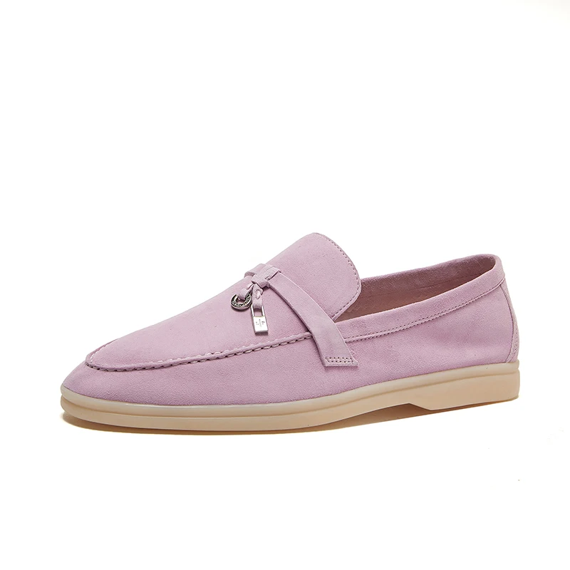 Casual Comfortable Cashmere Round Head Flat Women's LP Shoes 2023 New High Quality Leather Soft Sole Elegant Loafers
