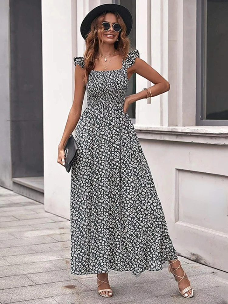 

Летнее женское платье, повседневные длинные платья с открытыми плечами, платье для отпуска с цветочным принтом в стиле бохо, вечернее плать...