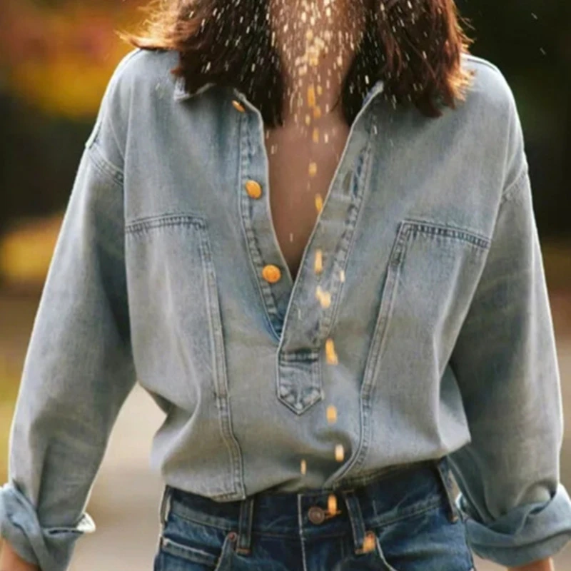 

Half Open Embossed Women's Vintage Denim Shirt tops 2022 new Gold Buttons Turn-down Collar Chemise Long Sleeve Female Blouse