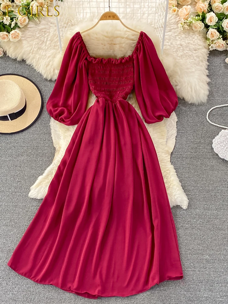 

E GIRLS Autumn Sexy Square Collar Draped Chiffon Midi Dress Women Puff Sleeve High Waist A-Line Green/Red/White/Purple Robe