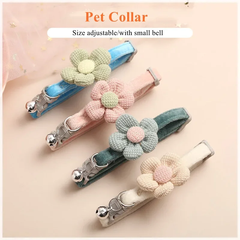 

Cute Cat Collar Knitting Flower Bell Collar Adjustable Cat Necklace Pet Collar Traction Safety Buckle Necklace Small Dog Supplie