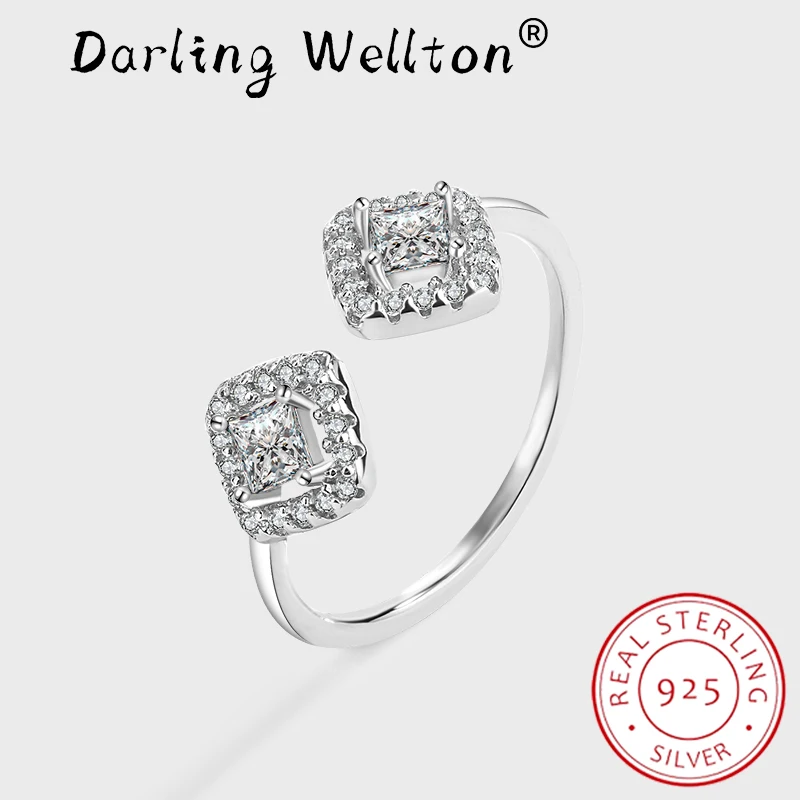 

NEW Classic Asymmetric Square Full Diamond Couple Ring For Women Geometric Original Sterling 925 Silver Anniversary Gift Jewelry