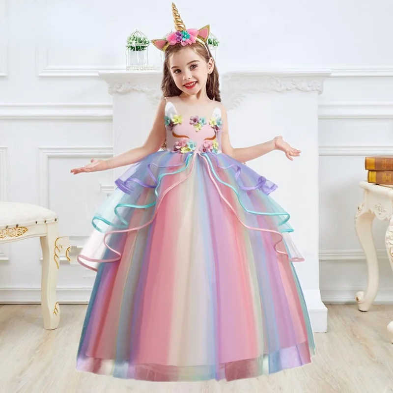 

Kids Unicorn Dress for Girls Flower Appliques Ball Gown Little Girl Princess Dresses Elegant Party Costumes Children Clothing