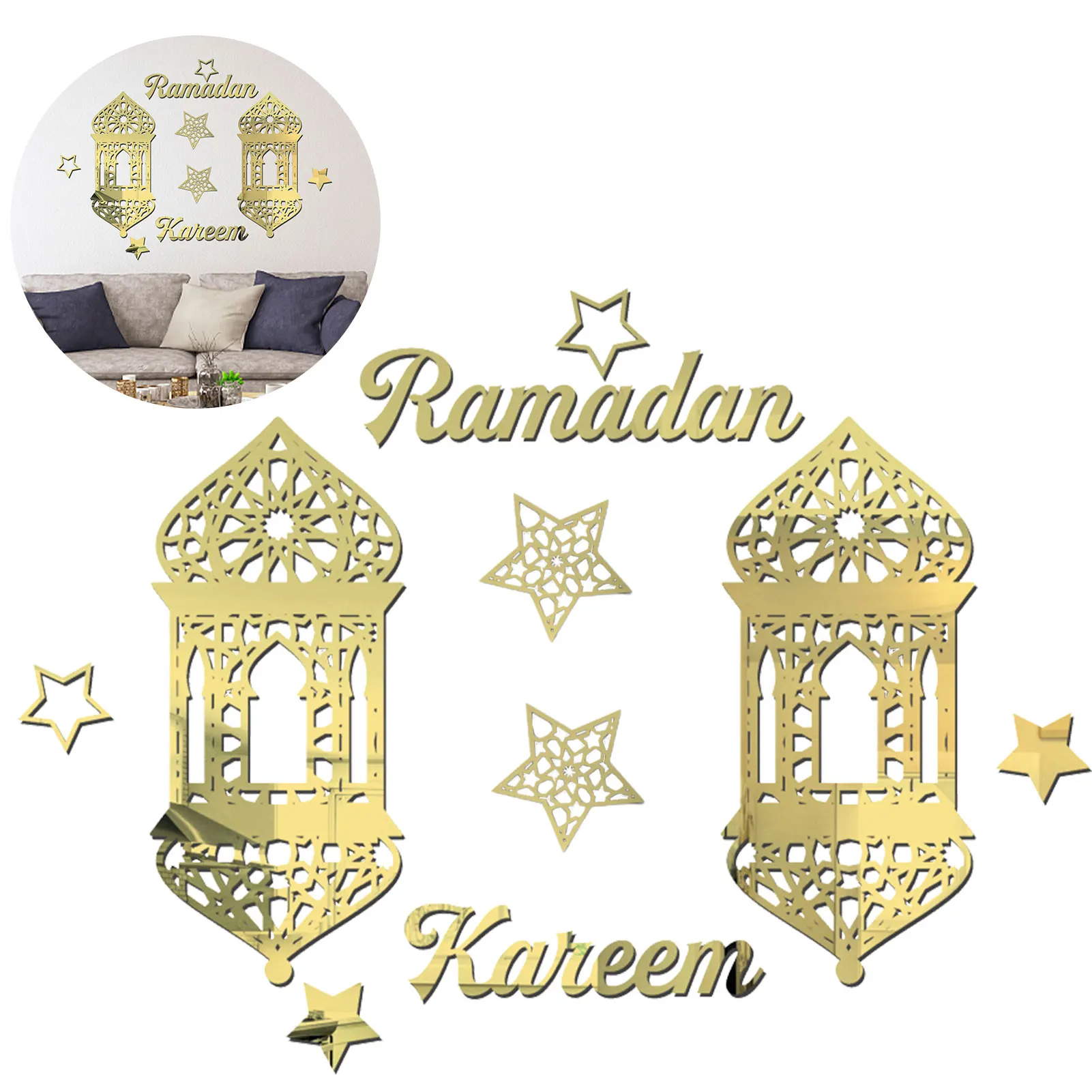 

Eid Mubarak Wall Stickers Ramadan Decoration 2022 Adhesive Acrylic Mirror Setting Stars Lanterns Decals Home For Eid Mubarak