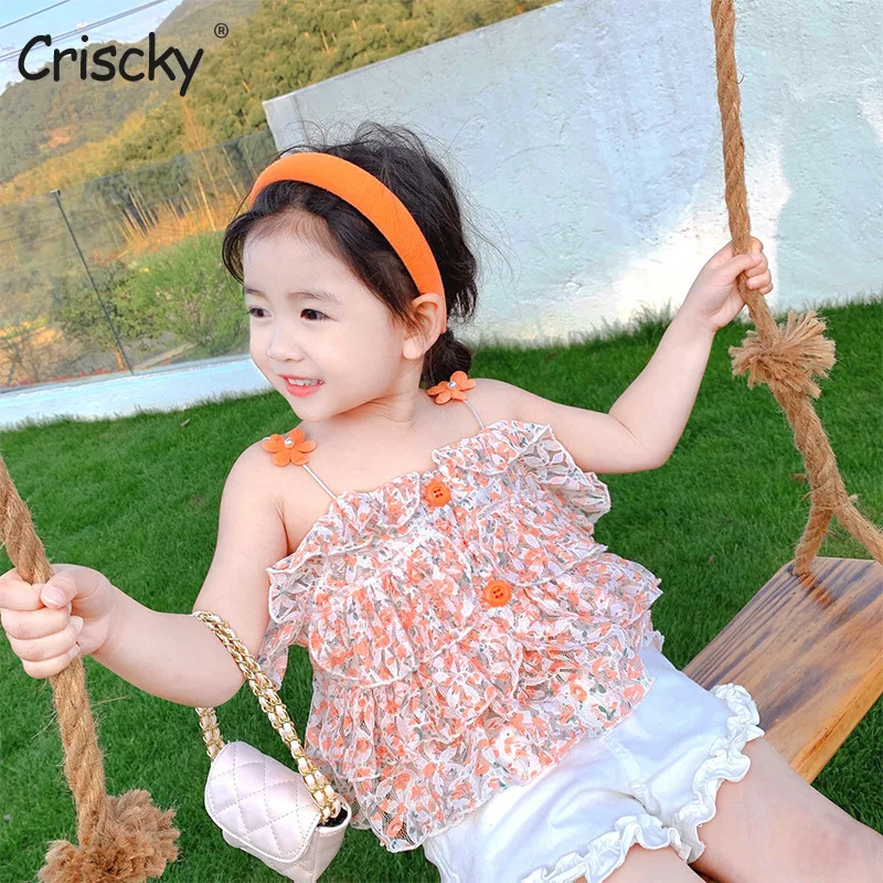 

Criscky 2022 Summer Baby Girls Floral Vests Ruffles Korean Style Hollow Out Tops Toddlers Kids Straps Waistcoats