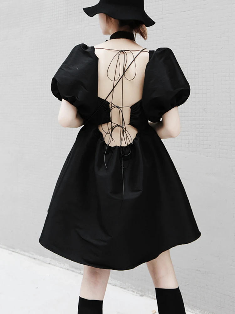 

French Square Neck Puff Sleeve High Waist Dress Black Mini Dress New Summer Women'S Design Sense Strapless Backless Sexy Dress