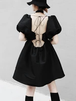 french square neck puff sleeve high waist dress black mini dress new summer womens design sense strapless backless sexy dress