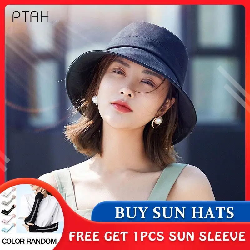 

[PTAH] Summer Bucket Hats Women's UPF 50+ Wide Brim Solid Color Simple Versatile Beach Hats Breathable Sun Protection Visors