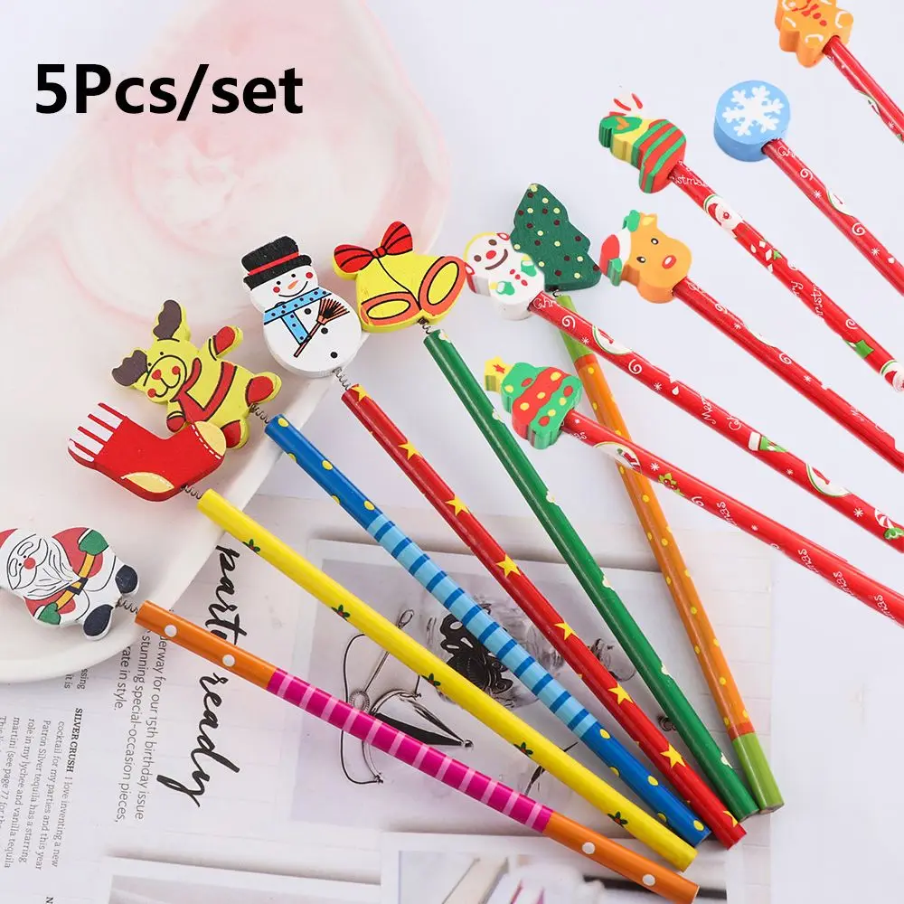 

5Pcs New Christmas stocking Drawing Santa Claus Writing Instruments Christmas Pencil Eraser Pen Rubber