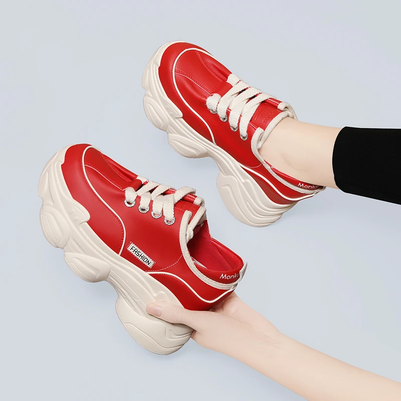 Autuspin Brand Designer 8cm High Wedges Women Shoes Fashion Genuine Leather Vulcanized Sneakers Ladies Chunky Platform Red Color