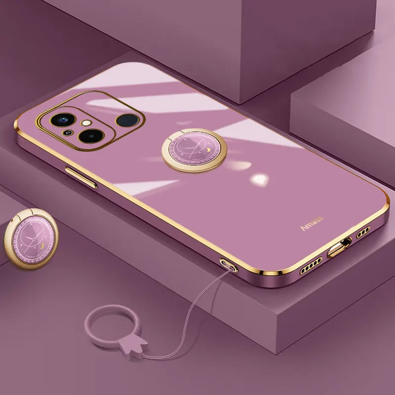 

Landyard Ring Case for Xiaomi Redmi 12C Soft Case For Redmi 12C 4G 6.71'' Case Anti-Knock Stand Holder Plating Cover Redmi12C