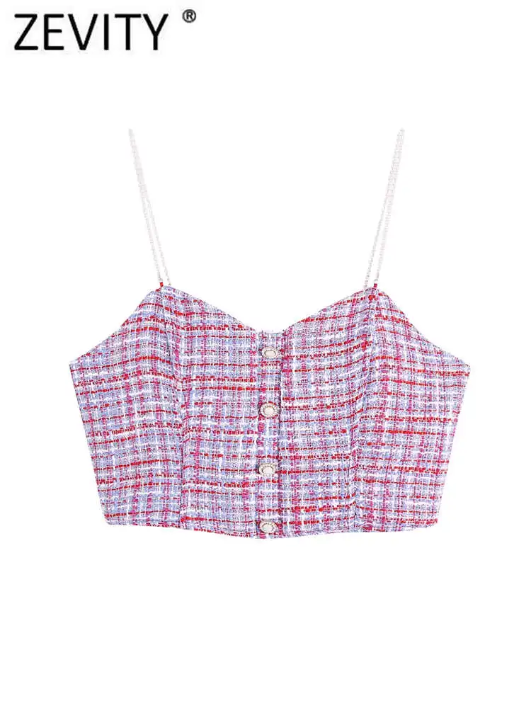 

Zevity Women Vintage Plaid Print Tweed Woolen Sling Blouse Lady Chic Pearl Strap Side Zipper Crop Shirt Blusas Tops LS389