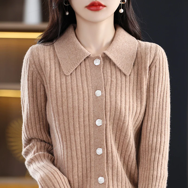 

Женский утепленный кардиган из 100-ной шерсти, с воротником-поло