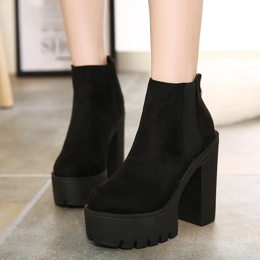 

Fashion Black Ankle Boots For Women Thick Heels Spring Autumn Flock Platform Shoes High Heels Black Zipper Ladies Boots