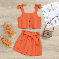 baby girls outfit set 2022 summer childrens clothes hemp cotton bowknot sling middle school childrens two piece set