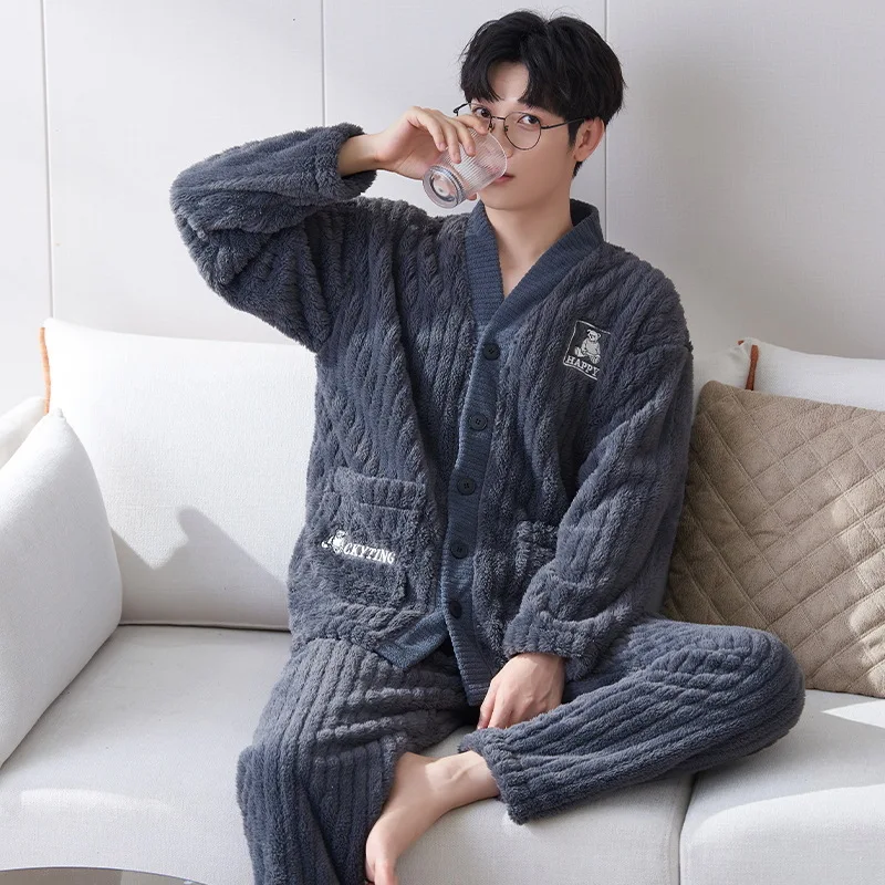 Gray Coral Fleece Pajamas For Men 2022 Winter Flannel Button Cardigan Mens Pijamas Warm Homewear Plus Size Men Cartoon Sleepwear