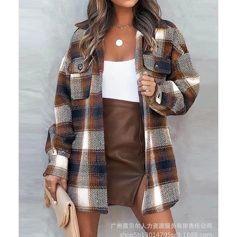 

Autumn Winter Coat Women Plaid Pocket Stitching Cardigan Coat Women's Long Sleeve Single Breasted Turn-down Collar Baggy Coat