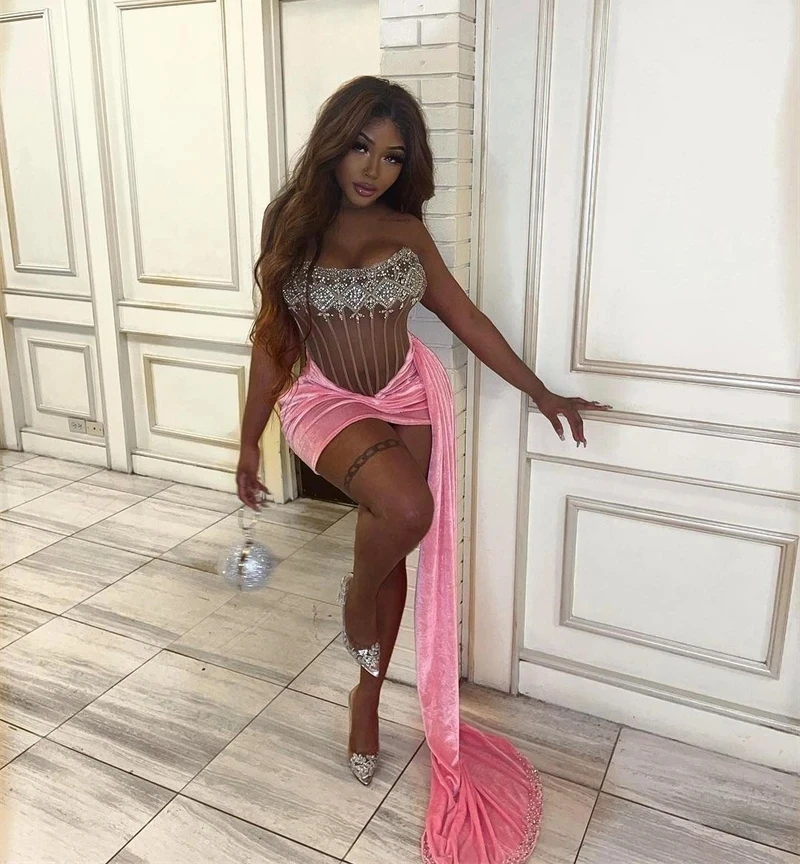 

Sexy African American Prom Dresses Sheath Sheer See Through Beaded Black Girls Birthday Party Women Cocktail Dresses Nigeria