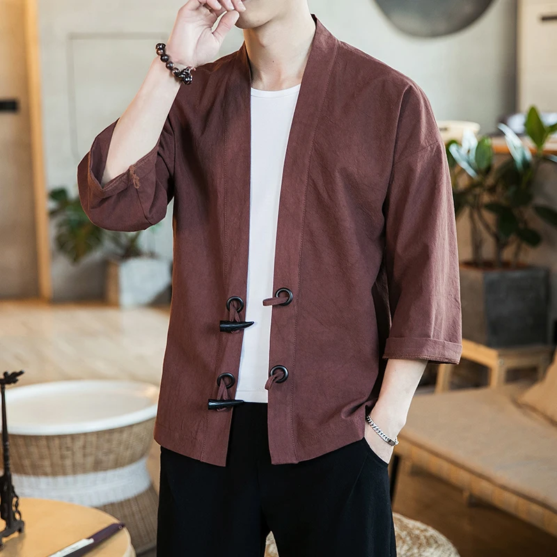 

2022 Chinese Style Shirt Men Loose Cardigan Robe Japanese Crane Embroidery Three-Quarter Sleeve Hanfu Thin Men's Clothing