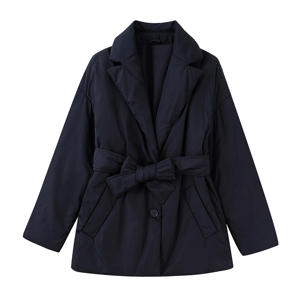 KEYANKETIAN Women's belt embellished cotton jacket Winter new black casual warm cotton jacket with large lapels and slim body