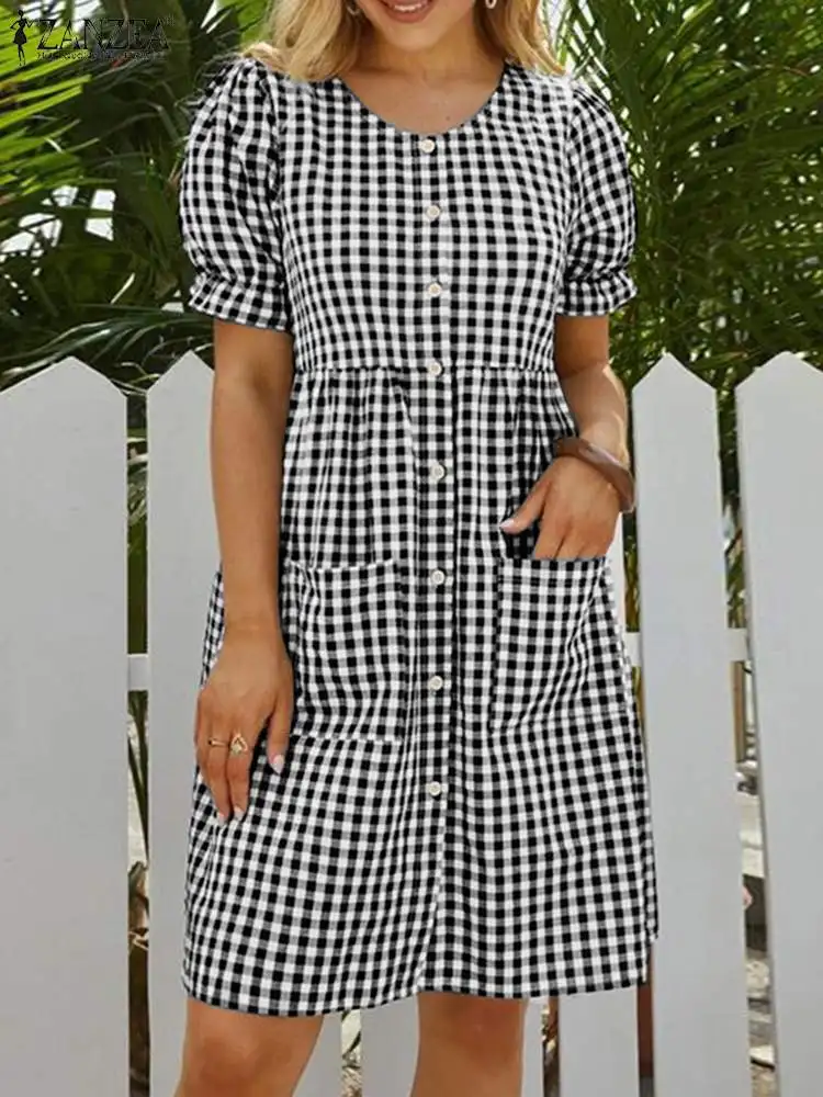 

2023 ZANZEA Summer Women Fashion Short Sleeve Party Holiday Sundress Elegant Plaid Checked Dress Robe Femme Casual Midi Vestido