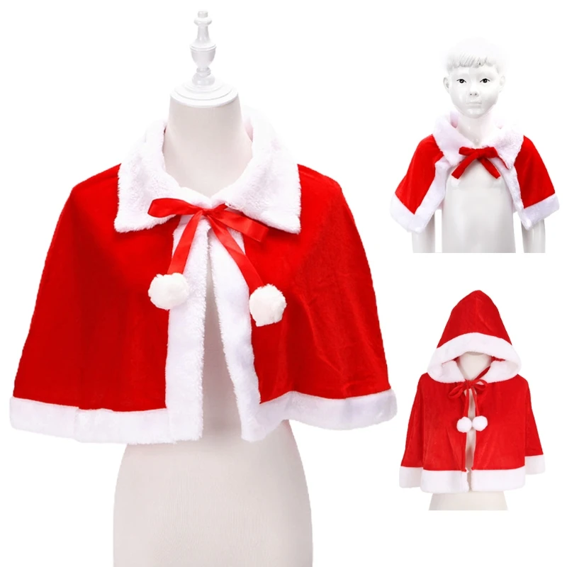 

449B Womens Christmas Cloak Santa Claus Hooded Shawl Velvet Red Cape Fancy Dress Teenager Outfit Costume Gifts for Kids Adult