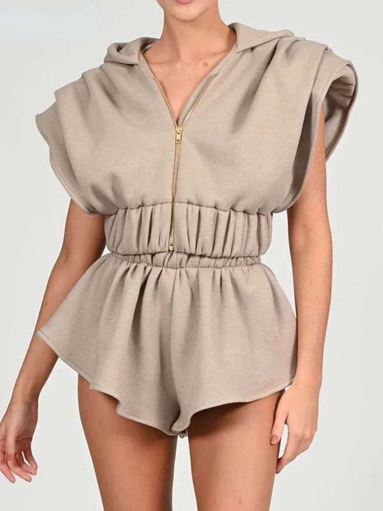 

2022 Spring New Two Piece Set For Women Solid Zipper Sleeveless Crop Top Shorts Ladies Vintage Elegant Sets Fashion