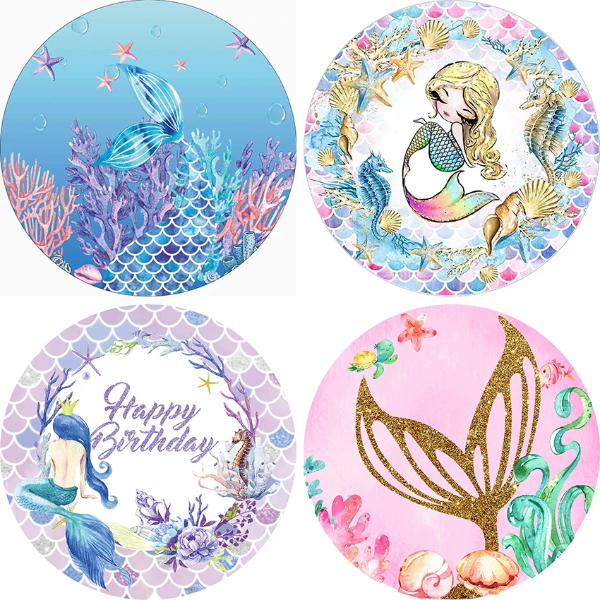 

Glitter Mermaid Round Background Underwater Castle Newborn Birthday Party Decoration Cake Smash Circle Backdrop Photo Prop Cover