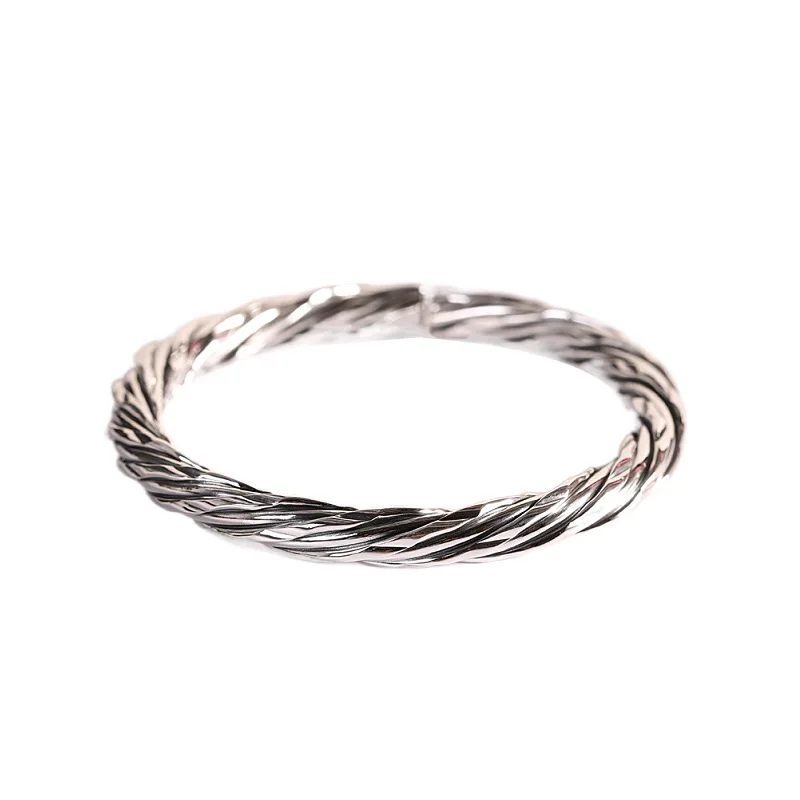 

7mm Width Real Silver Solid Simple Fashion Twist Open Bracelet Men Women S999 Sterling Sliver Polishing Weave Bangle Jewelry