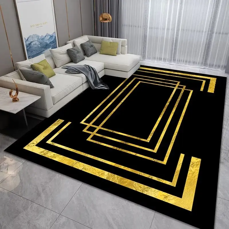 

Black Luxury Living Room Carpets Soft Mat for Floor IG Home Decoration Area Rugs for Bedroom Gold Line Plush Lounge Rug Big Size