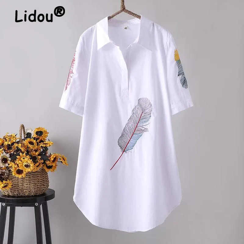 

2022 Summer White Women Short Sleeve Lapel Cotton Feather Embroidery Loose Blouse Office Lady Casual Female Oversized 4XL Shirts