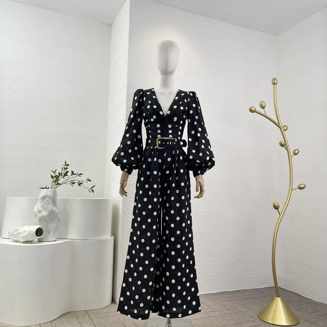 

New Collection Linen 2023 Casual Style Women Clothing Black White Polka Dots V-neck Blouse and Pants Set