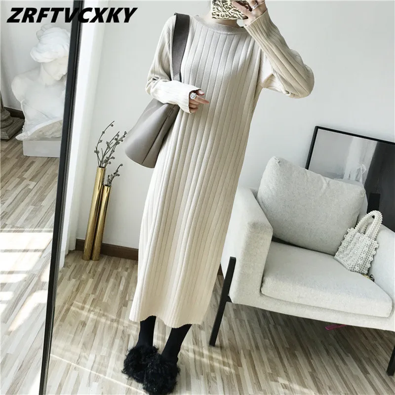 

ZRFTVCXKY High Quality Women Midi Dresses 2022 Autumn Winter Elegant O-Collar Long Sleeve Casual Loose 4 Colors Sweater Dress