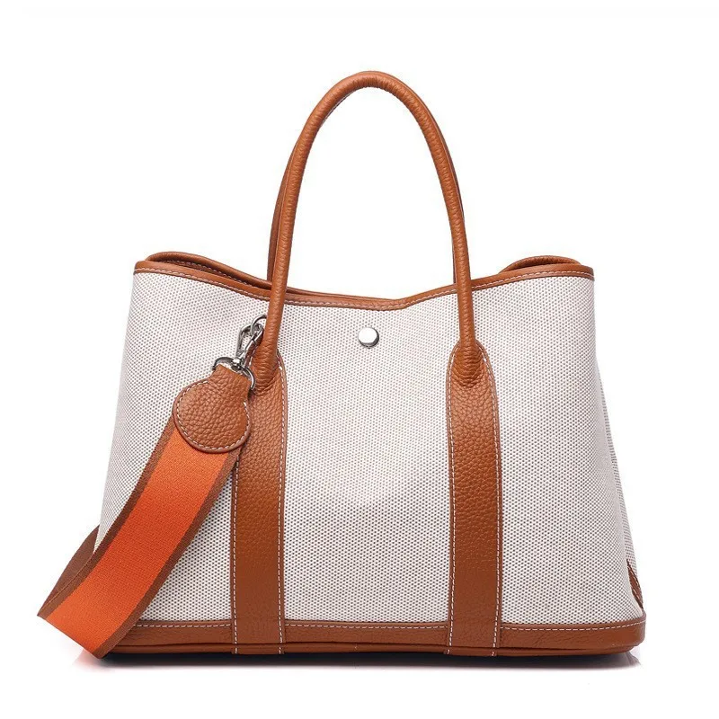 Cowhide Canvas Garden Bags for Women Wide Straps Tote Bag Luxury Designer Handbags Shoulder Crossbody Bag Real Leather Patchwork
